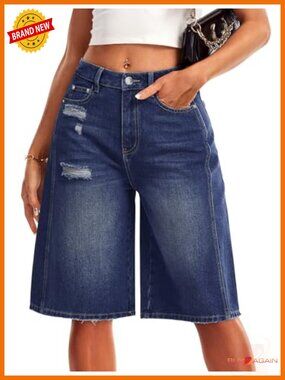 Wide Leg High Waisted Denim Jorts - Long Knee Length Bermuda Shorts